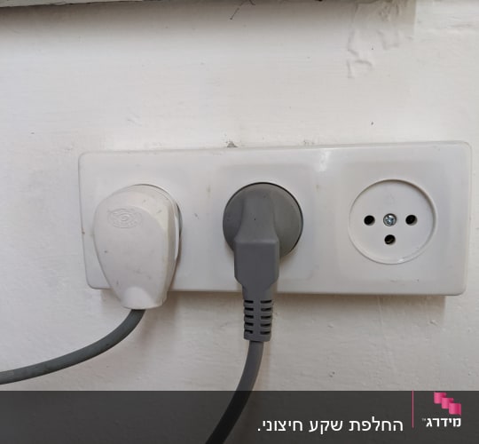 שני תקעים מחוברים לשקע חשמלי בקיר לבן